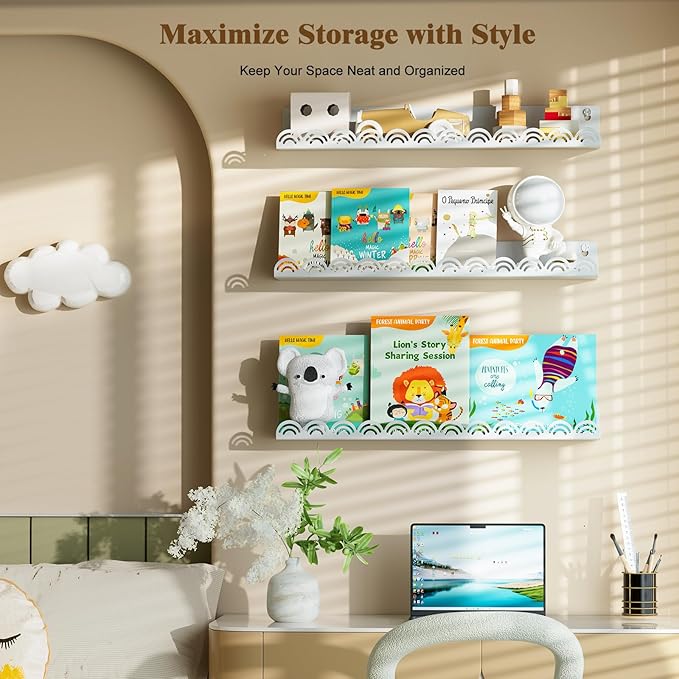 Nursery Book Shelves, Metal Floating Shelves for Wall 6 Pack, White Scalloped Shelf, Wall Mounted Book Shelf for Kids Rooms, Baby Bookcase, Nursery Decor.
