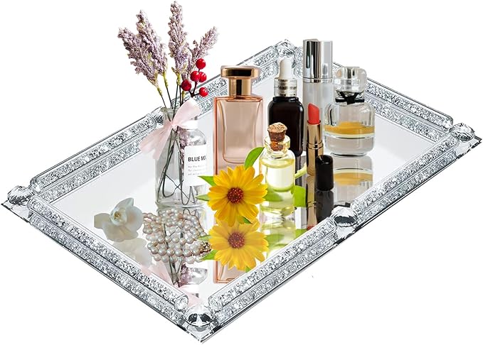 Crystal Glass Tray, 11.8" x 7.9" Crushed Diamond Silver Mirror Perfume Makeup Display Tray, Noble Jewelry Trinket Vanity Trays, Ornate Rectangular Cosmetics Dresser Decoration for Home Decor