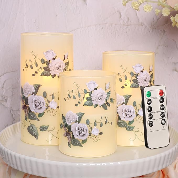 Flameless Candles with Remote & Timer, Love Theme Battery Operated Flickering Glass Rose LED Candles, Bedroom Home Christmas Valentine's Day Decor Table Ornament, Set of 3