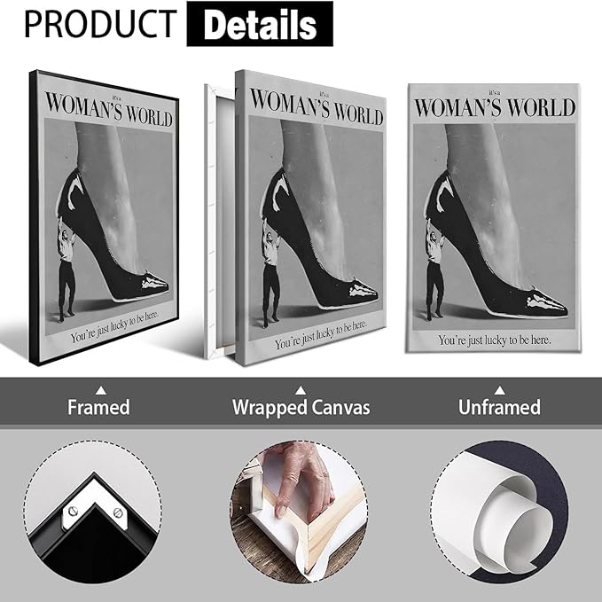 Retro This Is A Woman's World Canvas Wall Art Black And White Feminist poster Modern Hot Girls Aesthetic Prints Trendy Black High Heels Wall Decor For Bedroom Bathroom Dorm 24x36in Unframed