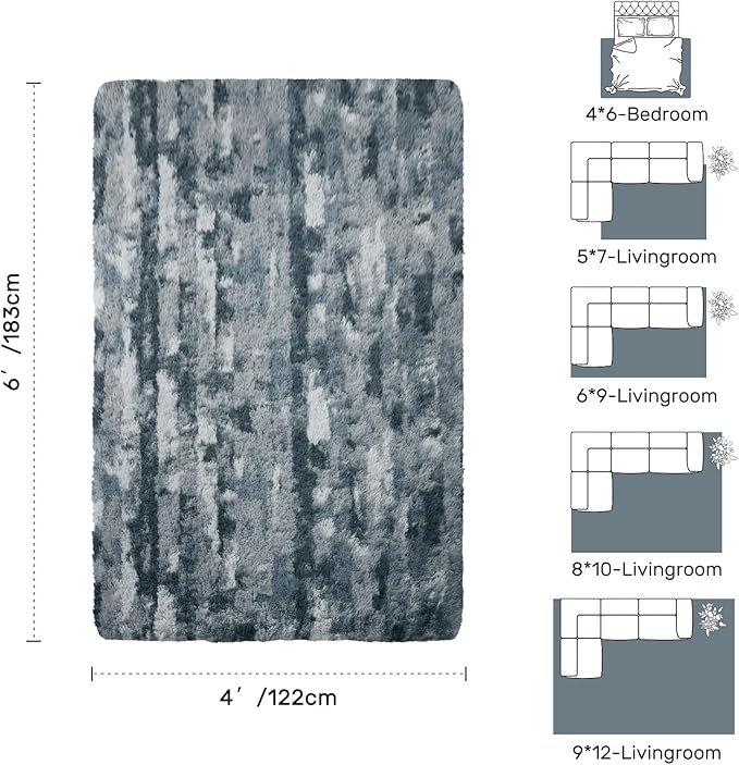 4x6 Feet Area Rugs for Bedroom, Grey and Blue Plush Fluffy Shaggy Living Room Rugs Non-Slip, Ultra Soft Carpet for Nursery Kids PlayRoom Dorm Office Indoor