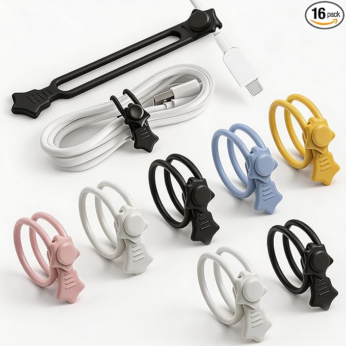 Quick Bind–Silicone Cable Ties Reusable, Cord Organizer for Charging Cables, Data Cables & Computer Wires, Multipurpose Elastic Cable Management Straps for Home,Office,Travel(16pcs,colorful)