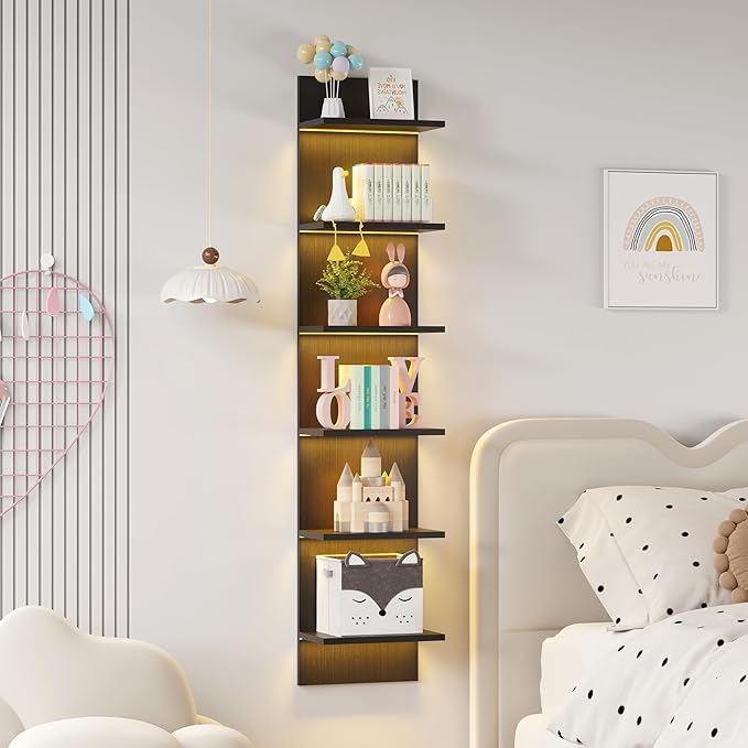 Qupui 6 Tier Wall Shelf Unit with LED Remote Control Light, Floating Storage Home Decor Organizer Shelving for Bedroom Living Room, Black