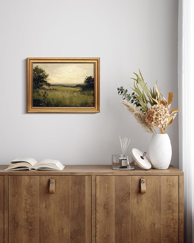 Bzstyleart Vintage Wall Art Decor for Living Room, Gold Framed Canvas Wall Art Home Decor Aesthetic, Grassland Vintage Landscape Prints, Canvas Picture Print Artwork, 12 x 16 Inch