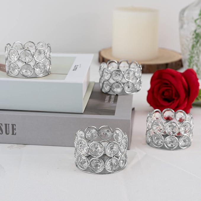 VINCIGANT Silver Crystal Tea Light Candle Holders Set of 12 for Wedding Home Table Centerpiece Decoration,Easter Gift(Candle Excluded)