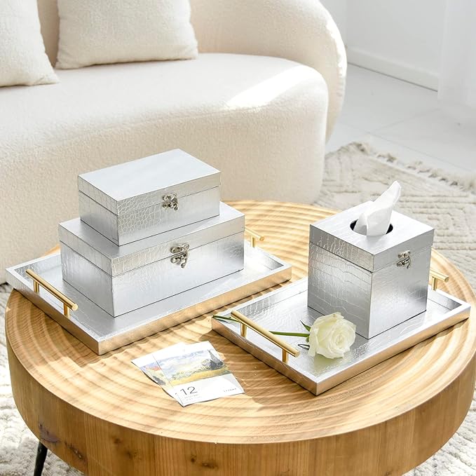 Set of 2 Wooden Decorative Nesting Storage Boxes, Silver Crocodile Leather with Clasp for Home Kitchen Living Room, Ideal Gift for Wedding Memories Jewelry Trinket