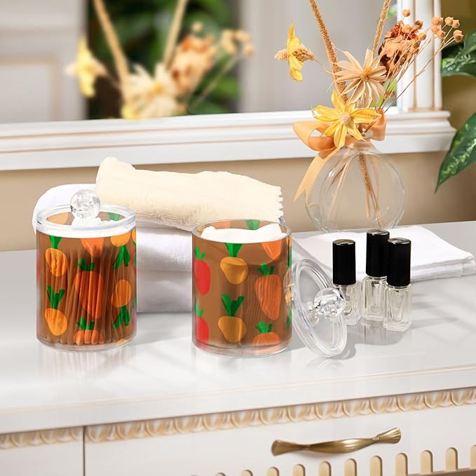 Nander 2Pack Carrot Qtip Holder Dispenser -Clear Plastic Apothecary Jars Set - Restroom Bathroom Makeup Organizers Containers for Cotton Swab, Ball, Pads, Floss