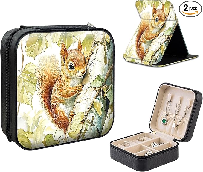 Travel Jewelry Case with Compact Mirror, Cute Little Squirrel Exquisite PU Leather Jewelry Boxes for Women, Best Gifts for People Who Travel - Dainty Jewelry Organizer