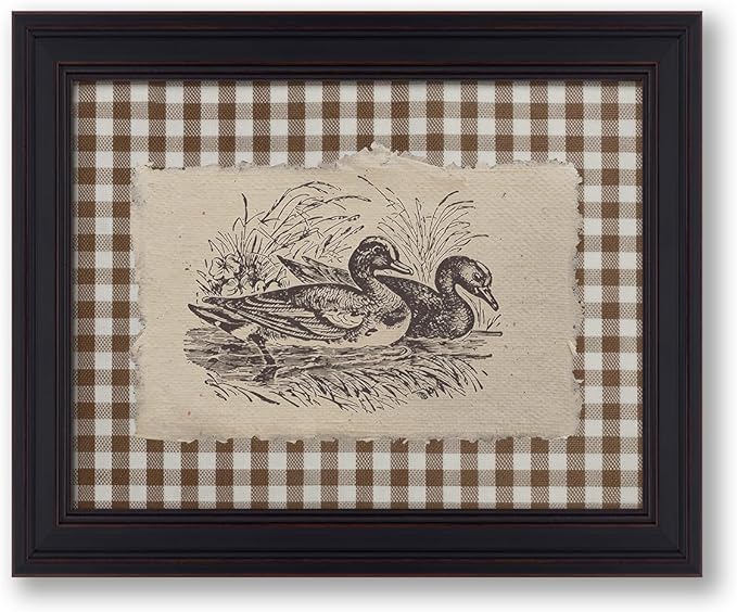 Nature Duck Animal Poster Vintage Brown Gingham Canvas Wall Art Rustic Cottagecore Pond Prints for Country Farmhouse Wall Decor 16X20 inch Vintage Framed