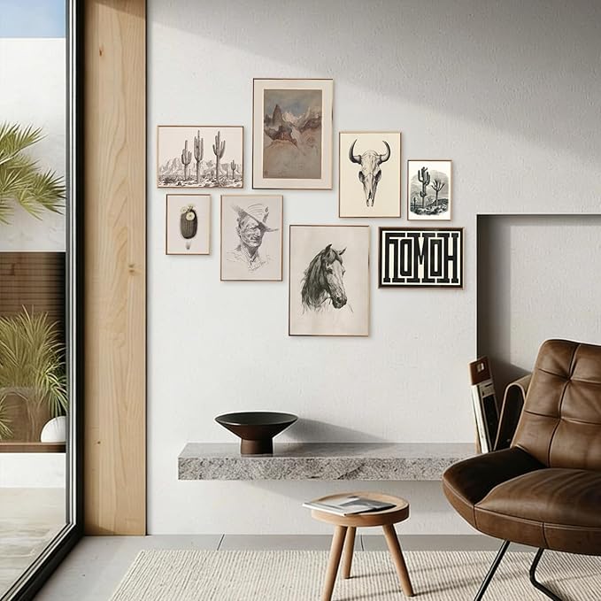 Western Decor Vintage Western Wall Art,Rustic Farmhouse Wall Decor Living Room,Vintage Cowboy & Cactus Sketch Art Prints,Neutral Tone Southwest Landscape & Animal Skull Artwork for Bedroom Bathroom Decorations,Unframed