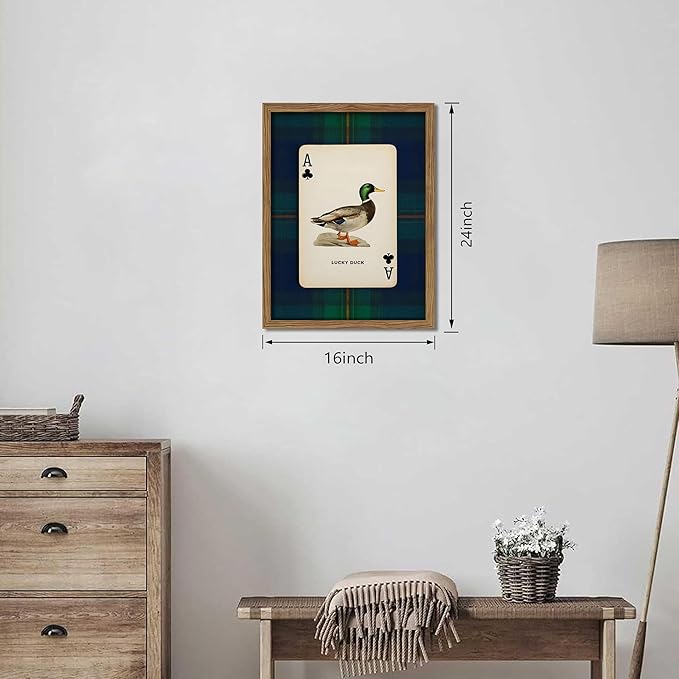 Framed Vintage Mallard Duck Wall Art, Country Lucky Duck Wildlife Poker Wall Decor Painting, Nature Rustic Farmhouse Hunting Canvas Prints Pictures for Living Room Bedroom 16x24 Inch