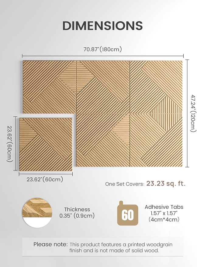 Fluxynara Large Felt Bulletin Board,Cork Board Alternative 70.87'' x 47.24'' Art Acoustical Wall Panels-6 Pack with 60 Adhesive Tabs,for Recording Studio/Home Offices-Natural Oak/Diamond