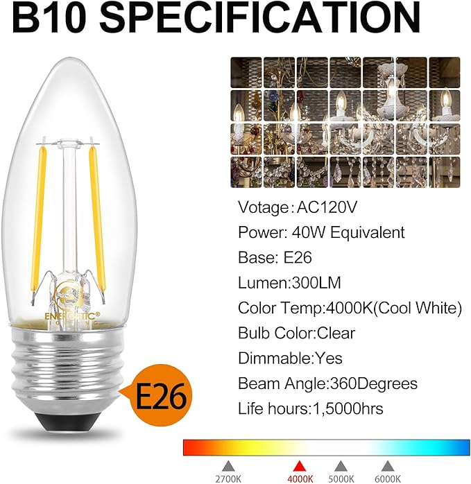 Energetic B10 B11 LED Filament Bulb E26 Candelabra Medium Base 4000K Cool White, 4W(40W Equivalent) 300 Lumens Dimmable Decorative Candle Light Bulb, Pack of 6