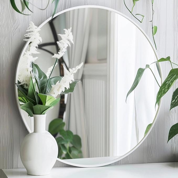 Sunniry White Round Mirror, White Circle Mirror 24 inch, Matte Metal Frame Round Mirrors, Circle Mirrors for Bathroom, Living Room, Bedroom, Hallway.