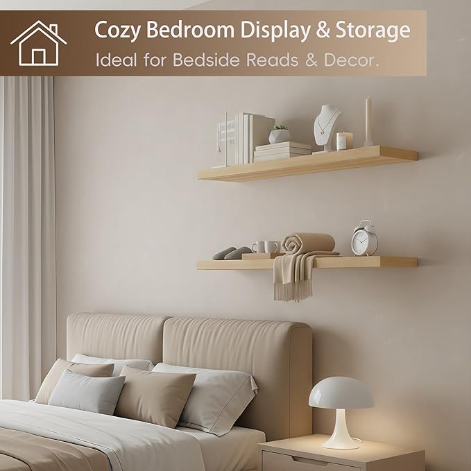 Lufia Floating Wall Shelves, Set of 2, MDF with Invisible Brackets, Modern Storage for Bedroom, Bathroom, Living Room, Kitchen (Oak, 28" W x 7" D x 1.5" H)