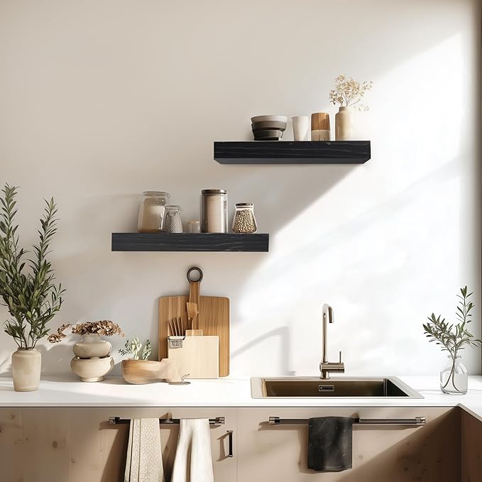 17x6.8x2 Inch Rustic Floating Shelves for Wall Set of 2 - Black Solid Wood Wall Mounted Shelves with Invisible Bracket, Compact Design for Farmhouse Living Room Bedroom Kitchen Decor