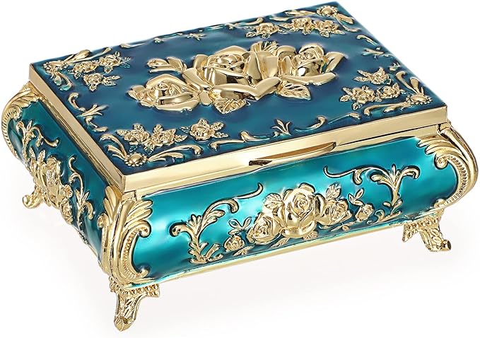 Hipiwe Vintage Metal Jewelry Box Small Treasure Chest Case Trinket Organizer Earrings Necklace Bracelet Storage Box Ring Box Holder Keepsake Box for Women