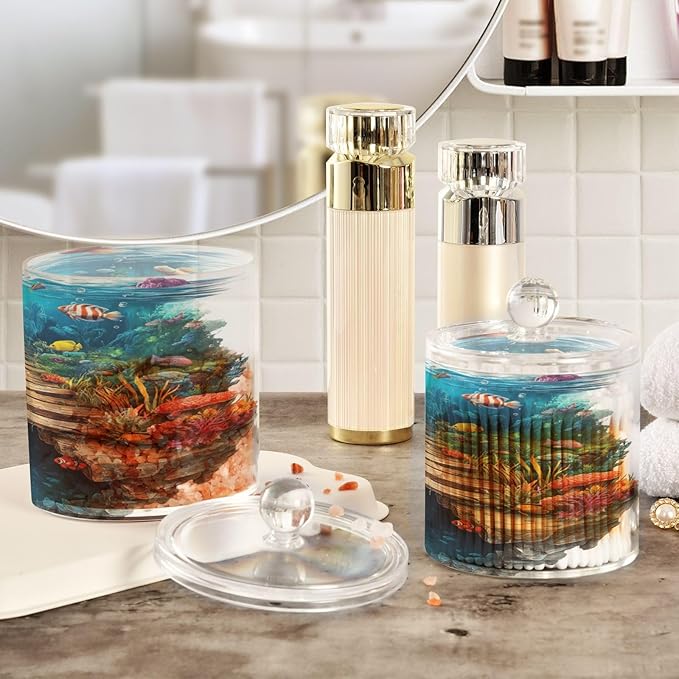 3d Hole White Wall Underwater Scenery Clear Plastic Makeup Organizer Storage with lid Bathroom Essentials Decorative Dental floss storage jar for Cotton Swabs,Cotton Pads,Floss Picks,Paper