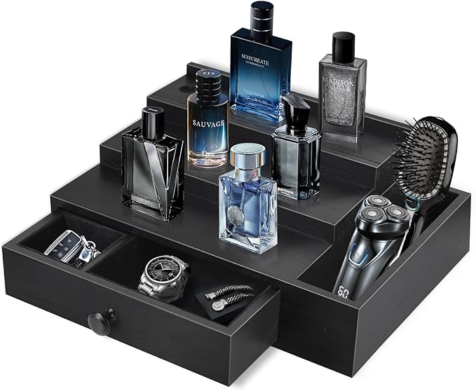 Cologne Stand Organizer for Men, 3 Tier Cologne Display Shelf with Velvet Lining Drawer and Compartments for Watch, Jewelry, Perfume Display Risers for Cologne, Great Gift for Father
