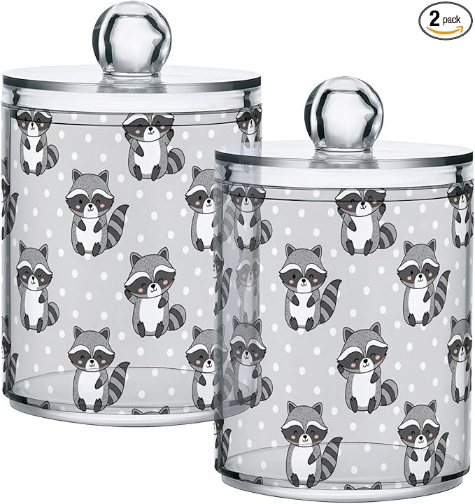 Raccoon Polka Dots Gray Print Bathroom Containers Holder with Lids Set Clear Jars 2 Pack Plastic Makeup Storage Organizer 4.13 x 2.75In for Balls Floss Picks Vanity