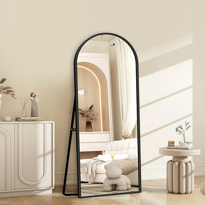GlasFlength 56" x 18" Full Length Mirror with Stand, Arched Aluminum Alloy Frame, Versatile Standing, Hanging, or Leaning Wall/Floor Mirror for Bedroom, Living Room, or Entryway, Black