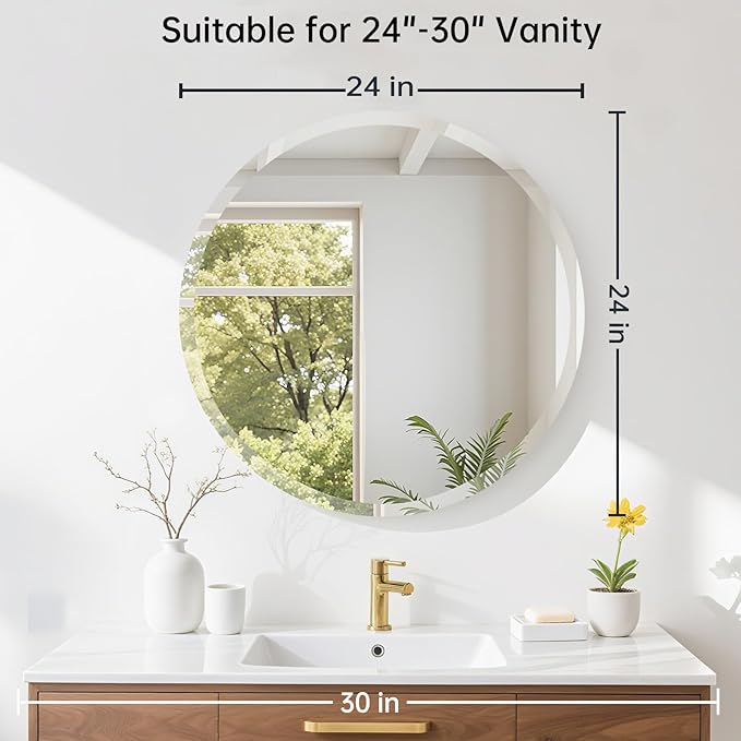 24 Inch Round Frameless Bathroom Mirror, Beveled Round Mirror, Circle Vanity Mirror with 1" Beveled Edge for Bathroom, Entryways, Living Room