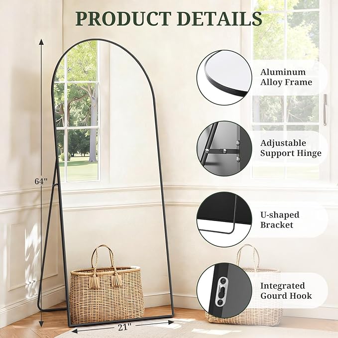 Mirror Full Length 64"x21" Full Body Floor Mirror with Stand, Shatterproof Glass, Aluminum Alloy Frame, Free Standing Wall Mounted or Leaning Arched Mirrors for Bedroom Living Room Entryway