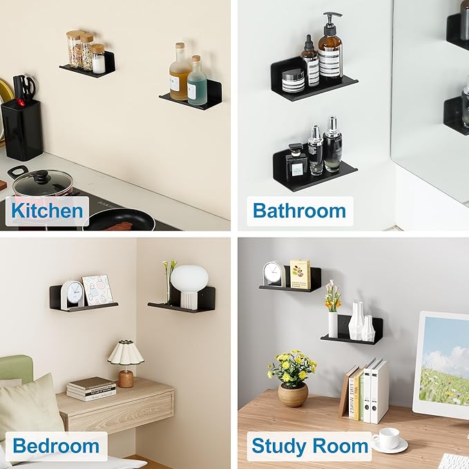 SAYAYO Black Floating Shelves for Wall Storage, 8 Inch Screw or Self Adhesive Wall Shelves for Bedroom Decor, Small Display Bathroom Shelf Organizer for Kitchen, Living Room, Office, 2pcs