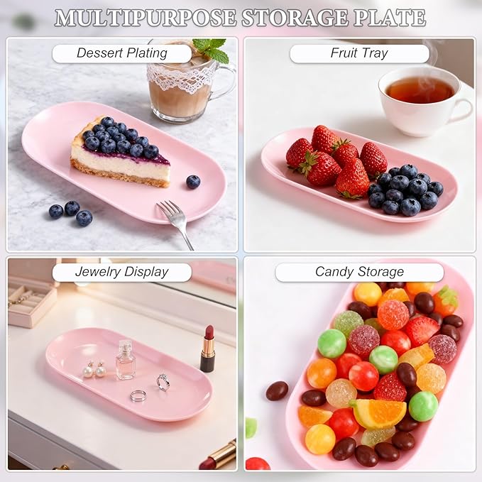 SUTOKAKA 2 Pack Pink Plastic Jewelry Tray Decorative Dish, Small Oval Candy Dessert Plate, Manicure Tools Placing Supplies for Home Salon Storage