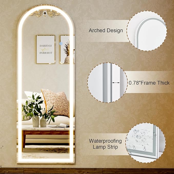 GLSLAND 20"x56" Arched LED Full Length Mirror with Lights – Wall Mounted or Standing Full Body Mirror for Bedroom/Cloakroom – Dimmable with 3 Color Lighting Modes