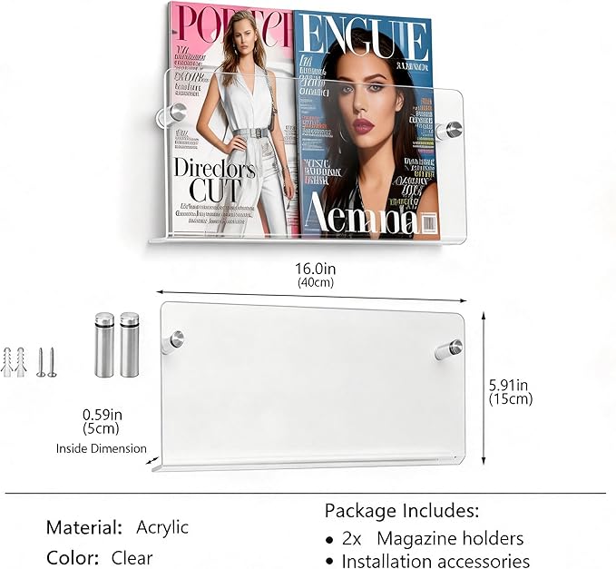 2-Pack Acrylic Magazine Holder Wall Mounted - Clear Wall Shelf Organizer for Books, Brochures, Mail, Office, Home, Living Room, Waiting Room Storage
