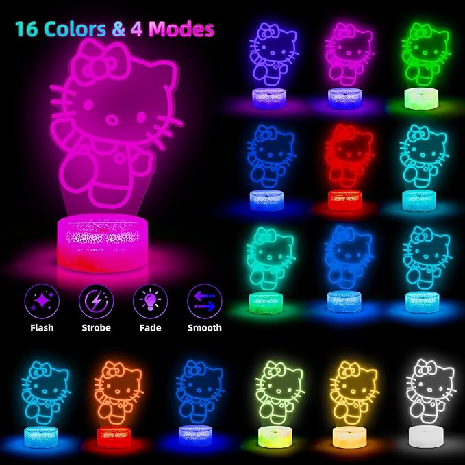 LOUHH Kitty Night Light, 3D LED 16 Color Intelligent Remote Control Lamp for Christmas Gifts Children's Room Decoration Holiday Gifts
