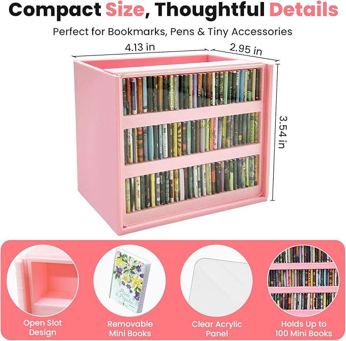 Pink Anxiety Bookshelf with 100 Mini Books, Cute Miniature Library Stress Relief Toy, Shaking Book Shelf Ornament, Bookmark Holder & Pencil Organizer, Aesthetic Room Decor, Gift for Bookish Her