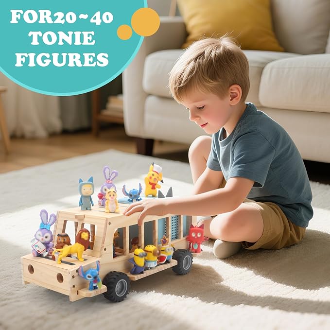 School Bus for Tonies Box 1/2 Organizer Shelf Storage, Wooden Bus Magnetic Storage Holder for Toniebox Player Tonies Figures Characters for Children, Display Collection 20~30 Tonie Box Characters