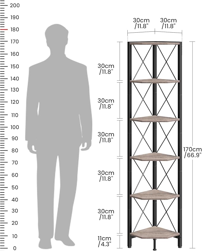 CHOEZON 6-Tier Corner Shelf, Corner Bookcase, 66.9" Tall Vertical Display Rack, Plant Stand, Open Storage Shelf, for Living Room, Bedroom, Study, Kitchen, Greige and Black TCJ13BG