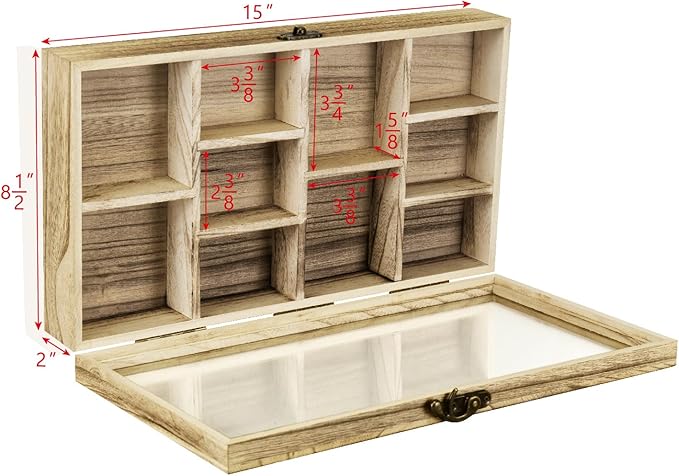 Ikee Design Wooden Collection Display Case with Hinged and Clear Tempered Glass Top, Wall Mounted 10 Slots Wood Display Storage Box for Mini Figures, Collections, Essential Oils, Oak Color