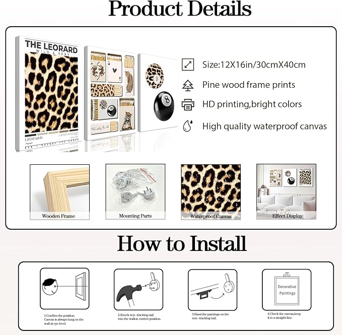Framed Trendy Leopard Canvas Wall Art Set of 3, Preppy Cheetah Lucky 8 Ball Pictures Wall Decor Prints, Funky Y2K Paintings Girly Aesthetic Home Decor for Living Room Bedroom Dorm 12x16 inch