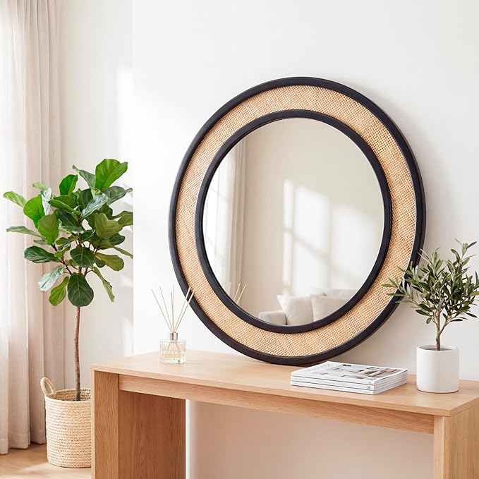 Round Rattan Mirror, 24" Circle Wall Mirror, Farmhouse Wooden Vanity Mirror with Handmade Wicker Frame, Decorative Boho Mirror for Nursery Bedroom Living Room Entryway Black