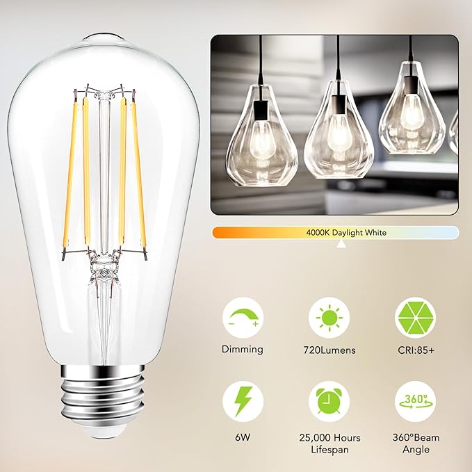 PARTPHONER LED Light Bulbs Dimmable Vintage Edison Bulb, E26 LED Bulb 60W Equivalent 720 Lumens, Neutral White 4000K, ST58 Antique LED Filament Bulb CRI 85+, Clear Glass, Pack of 4