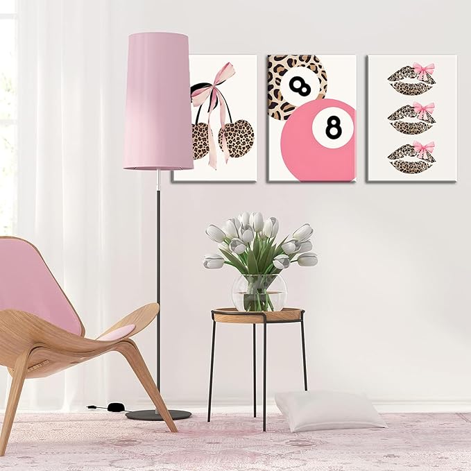 Trendy Pink Leopard Bow Canvas Wall Art Set of 3 Funky Cherry Lucky 8 Ball Posters Prints Cute Coquette Preppy Room Aesthetic Wall Decor Pictures for Girls Bedroom Apartment Dorm 16x24in