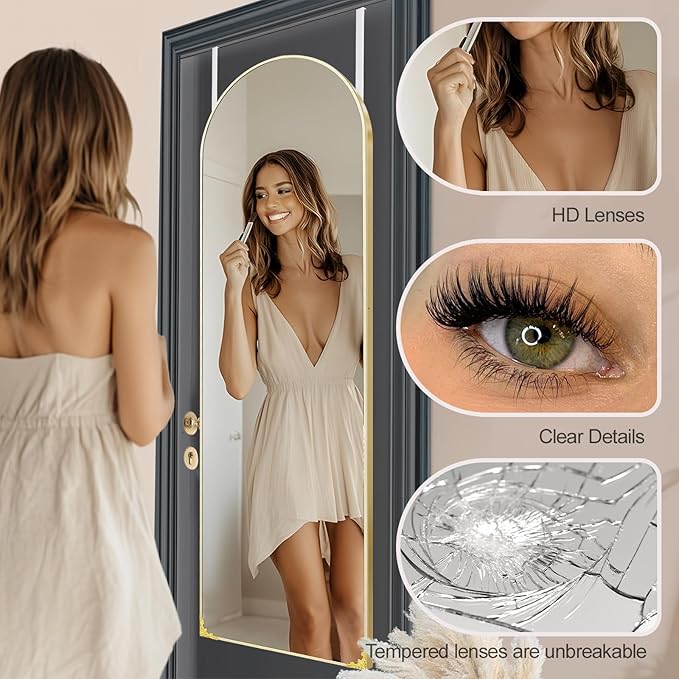 50"x16" Door Mirror, Arched Full Length Mirror, Over the Door Mirrors Full Length, Hanging Mirrors for Bedroom, Bathroom, Gold