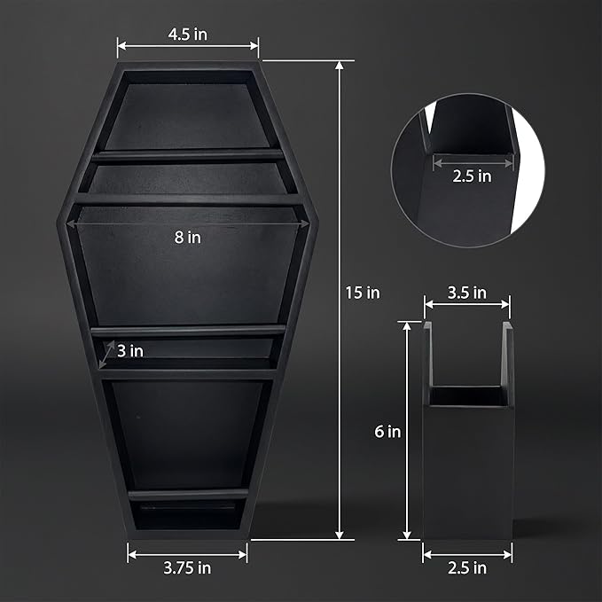 MANNY'S MYSTERIOUS ODDITIES Coffin Shelf Gothic Makeup Organizer Set with Brush Holder & Gift Box, Gothic Decor Accent for Glam Vanity or Spooky Gifts Display - 15 Inches by 8 Inches