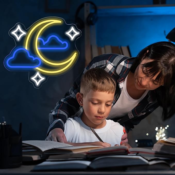 Moon Star Cloud Neon Sign - Moon Star Cloud LED Light for Kids, Teens, Baby Bedroom, Game Room Wall Decor - Dimmeable Premium USB Powered Neon Night Light with On/Off Switch - 14x13-Inch