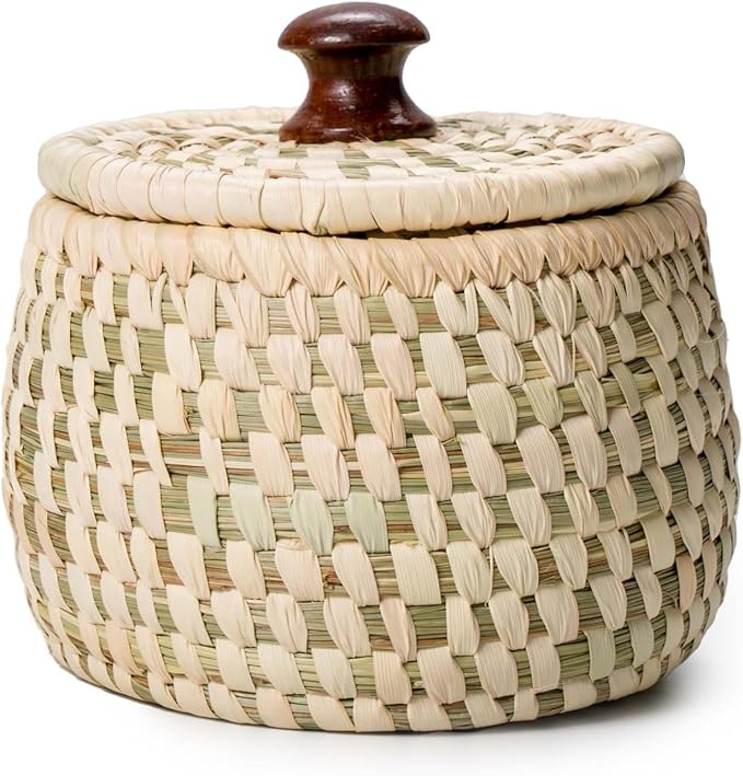Handwoven Sabai Grass Coaster Set with Holder – Set of 6 Natural Eco-Friendly Drink Coasters, Absorbent Table Protectors with Storage Basket & Lid – Rustic Home Décor
