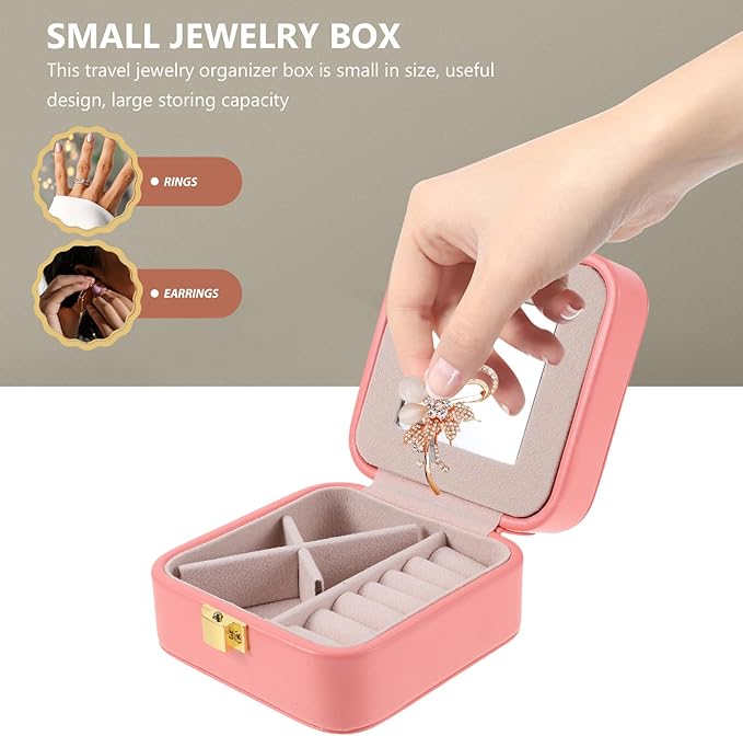 OUNONA Portable Jewelry Box with Makeup Mirror, Small Pink Necklace and Bracelet Storage Case, Travel Jewelry Organizer for Women