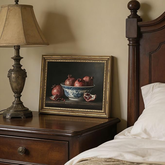 Gold Framed Wall Art Vintage Pomegranate Still Life Wall Art Fall Red Fruit Wall Decor Picture Rustic Farmhouse Autumn Kitchen Poster Print Country Cottage Gallery Aesthetics Decoration 9x11in