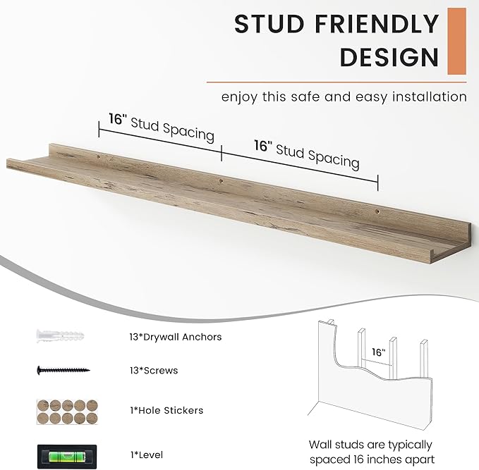 FLYJOE Floating Picture Ledge Shelves for Wall Set of 4, 48 Inch Wall Shelves with Lip Long Large Nursery Book Shelf for Toys Storage Kids Bookshelf Wall Mounted Living Room Bedroom Decor Frames