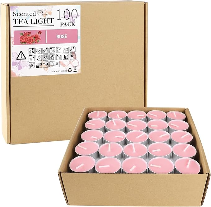 Howemon Pink Rose Scented Tealight Candles - 4 Hours - Giant 100 Bulk Packs - Smokeless Tea Lights for Valentine's Day, Weddings, Christmas, Home Decorative