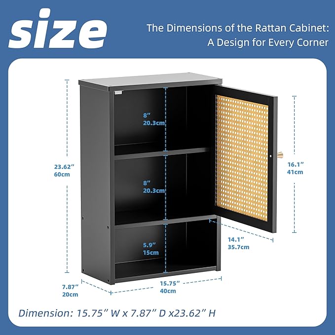 HITNET Wall Cabinet, Rattan Medicine Cabinet Over the Toilet with Adjustable Shelf, Space Saving Bathroom Hanging Storage for Small Space, Black