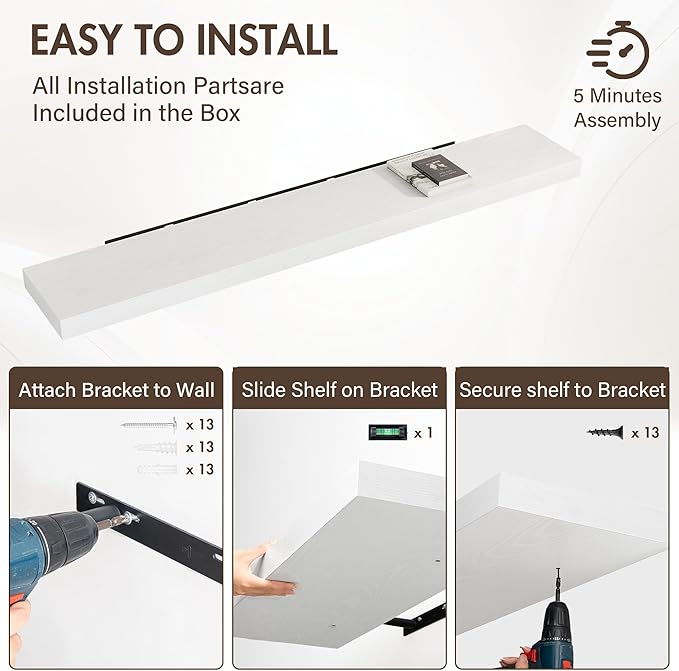 Acovy 72 Inch Floating Shelves, 12" Deep Floating Shelf Wall Mounted, 72" Wall Shelves, Rustic Deep Bookshelf, Extra Deeper & Thicker Display Shelves for Bedroom, Living Room, White, Set of 1